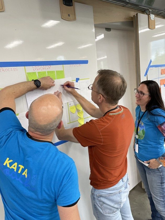 Three participants in front of a planning wall, working through challenge statement and vision sticky notes.