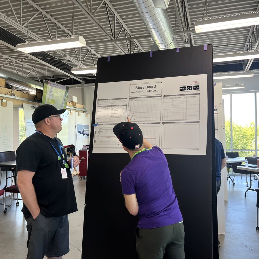 Two participants standing at a screen showing target-condition content, working through a planning step.
